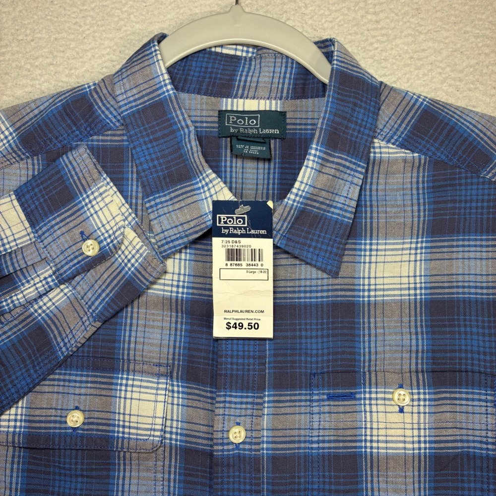 Polo Ralph Lauren Button Shirt Boy XL Blue Tartan Plaid Long Sleeve NWT